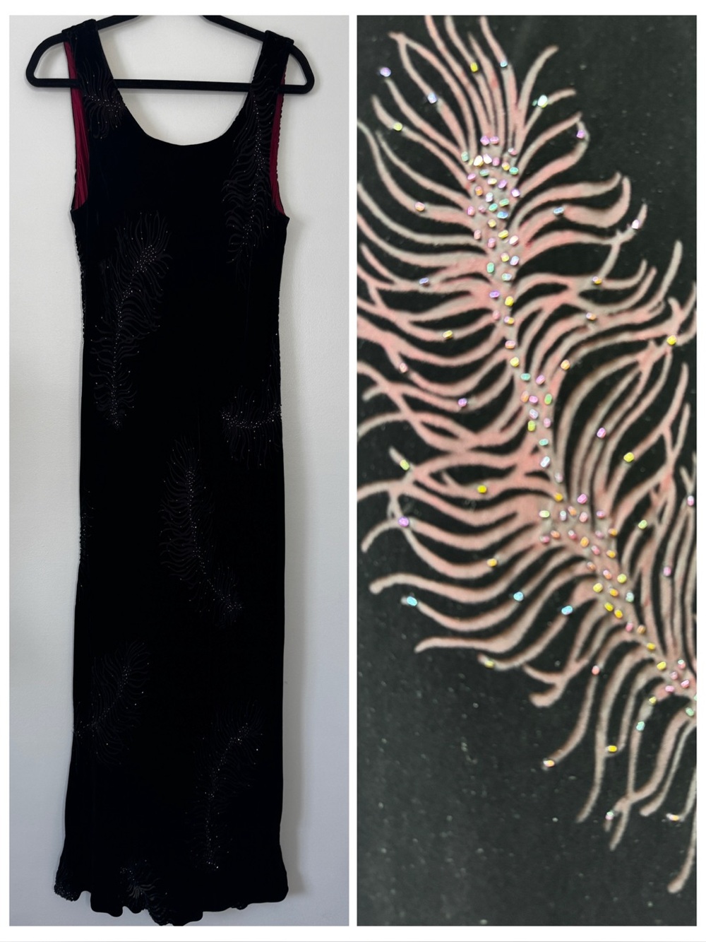 Vintage Laura Ashley Maxi Dress Silk Blend Beaded Feather Velvet Burnout Gown L